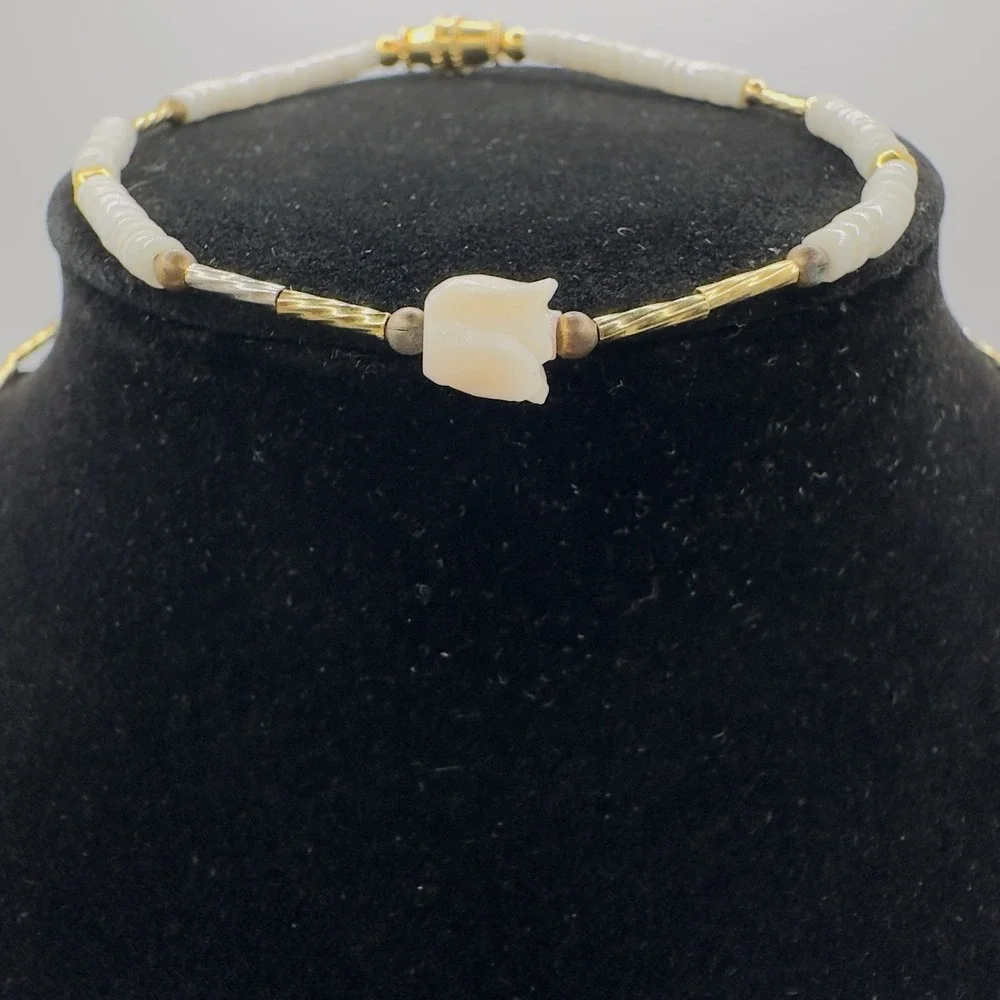 Vintage Puka Shell Necklace & Bracelet Coral Tulip Dainty 15